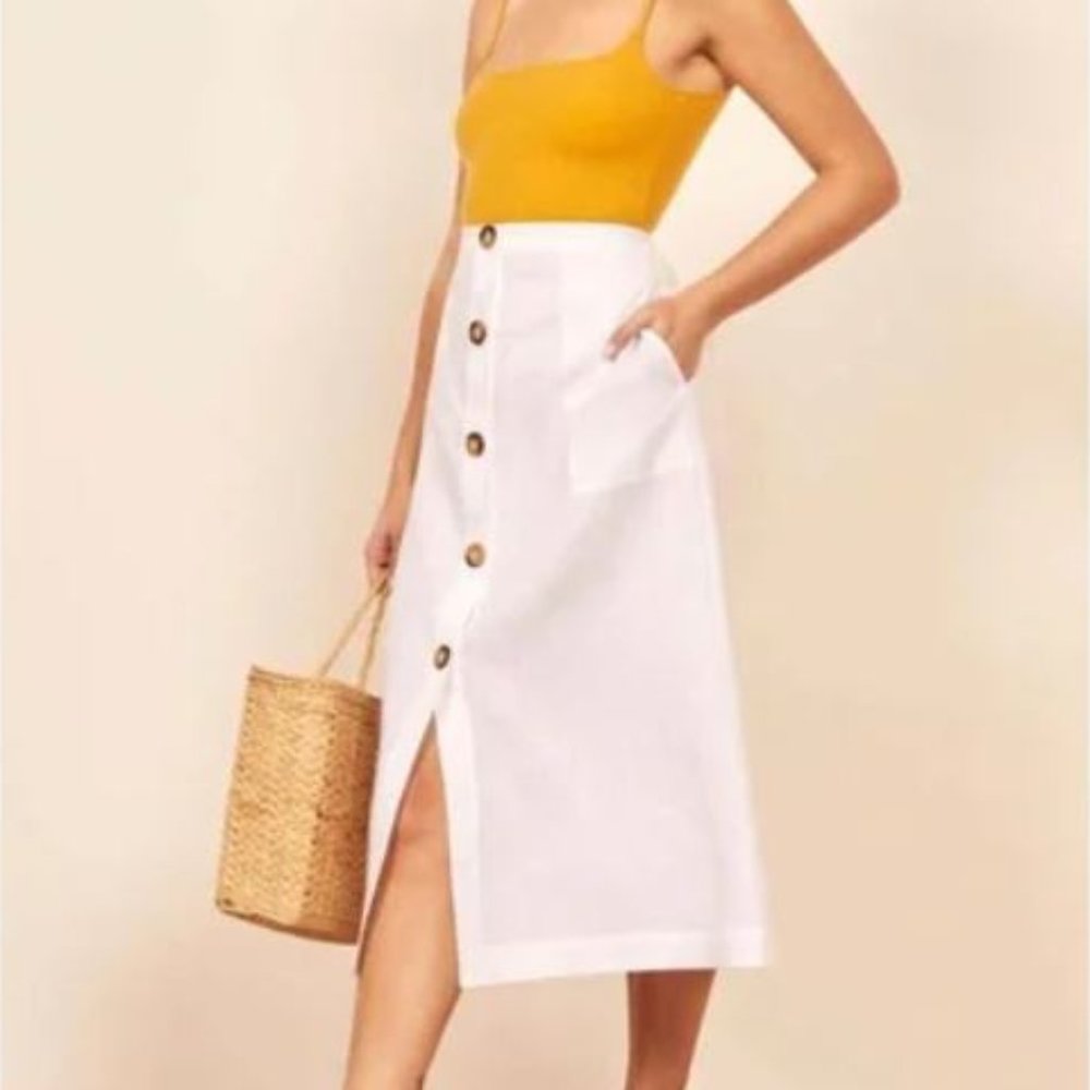 Reformation Highland Button Front Midi Skirt in White